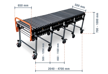 Mobile scissor roller conveyor FRB-S5, Steel rollers, 4.700 mm, TecMaschin 